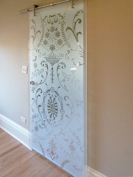 Chicago Glass Etched and Sandblasted Sliding Barn Doors